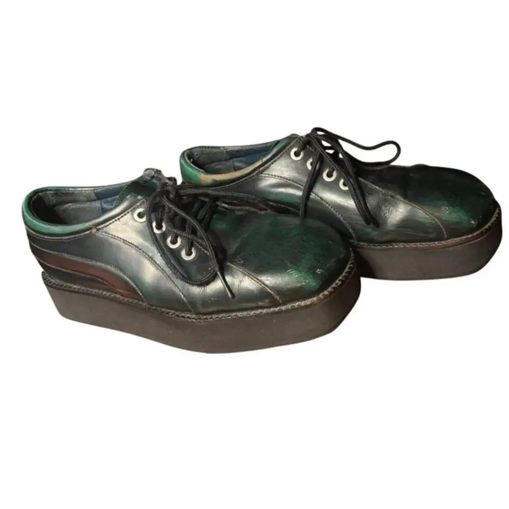 Vintage John Fluevog Creepers Platform Shoes Tie Oxfords Green Brown Size 43